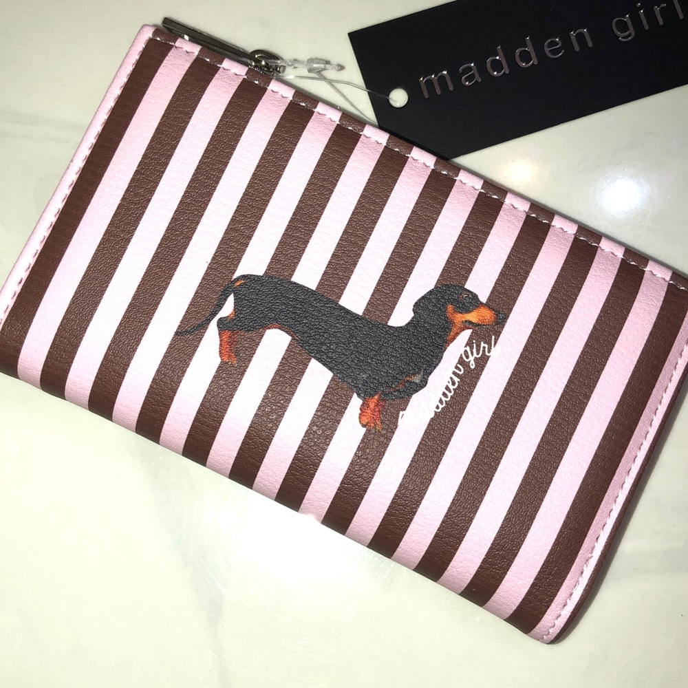 Madden Girl Pink & Brown Striped Bifold Faux Leather Wallet Dachshund Accent NWT - Picture 14 of 16